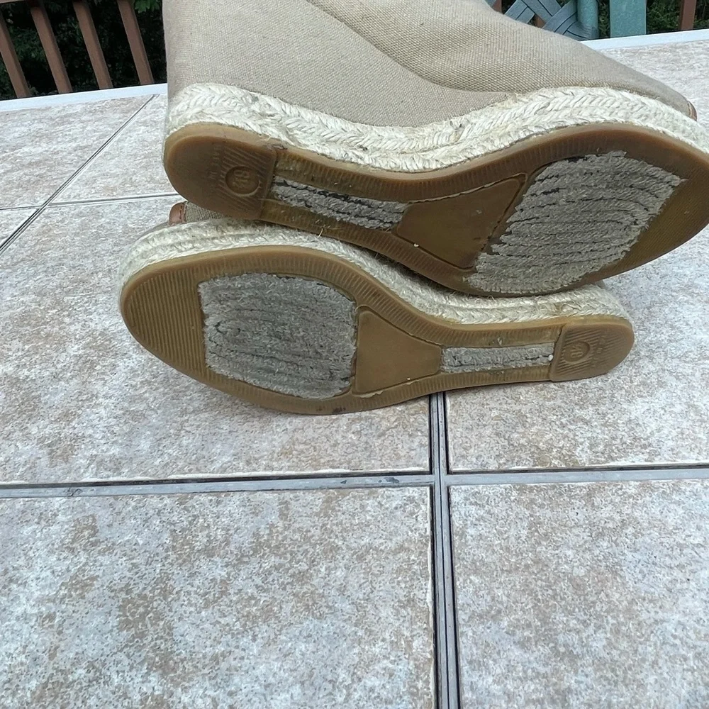 Tory Burch Beige Canvas Wedge Espadrille Mules